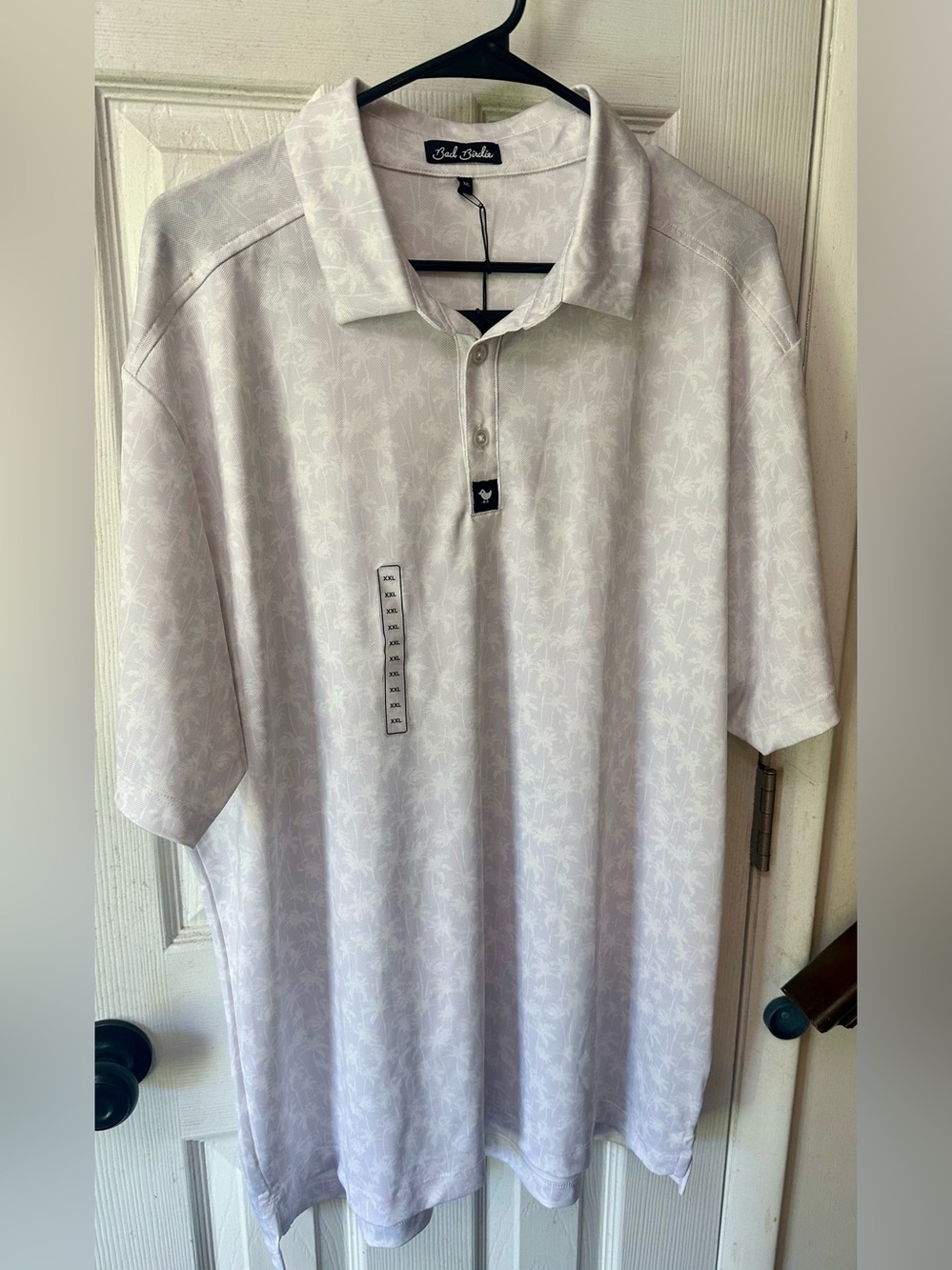 Bad Birdie Light Grey and White Palm Print Performance Golf Polo, XXL